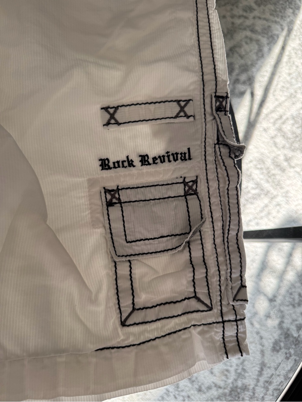 Rock Revival White Cargo Shorts with Black Stitching - Picture 2 of 4